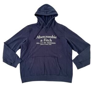Abercrombie & Fitch Men’s XL Navy Blue Hoodie with Print Logo Kangaroo Pockets